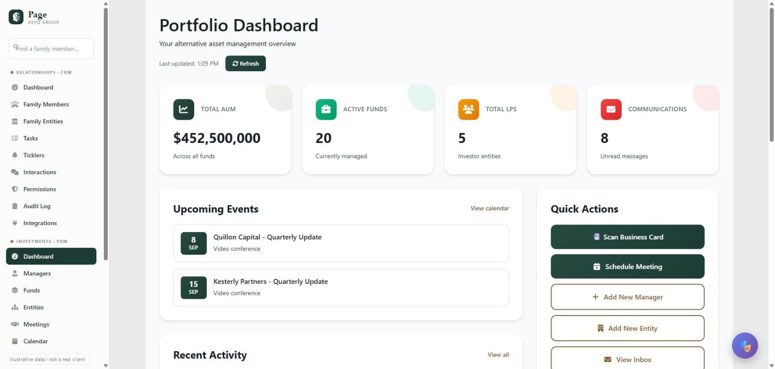 Portfolio dashboard showing total commitments, active funds, upcoming meetings and recent activity