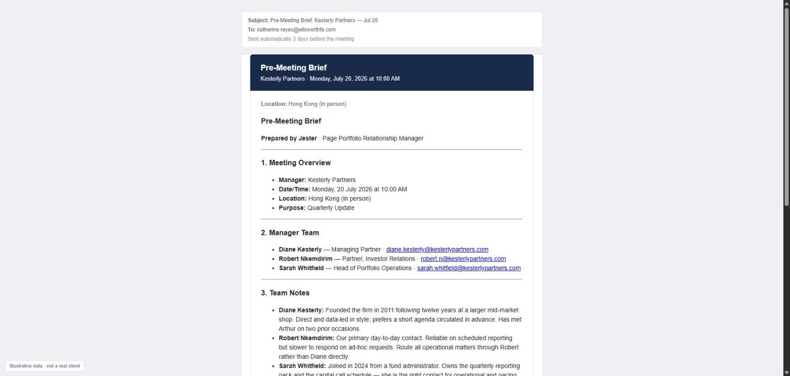 Automatically composed pre-meeting brief email covering the manager team, relationship notes and open follow-ups